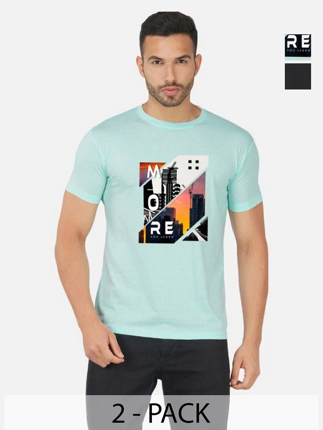 

GLOBAL NOMAD Men 2 Printed Bio Finish Applique T-shirt, Turquoise blue