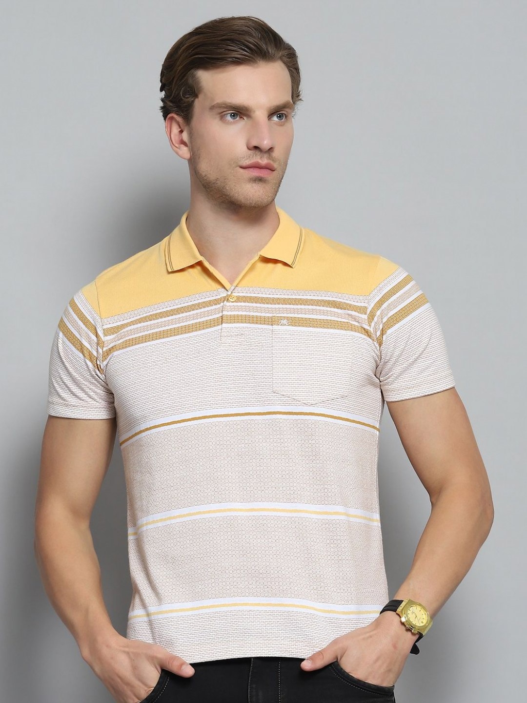 

Monte Carlo Men Striped Polo Collar Pockets T-shirt, Yellow