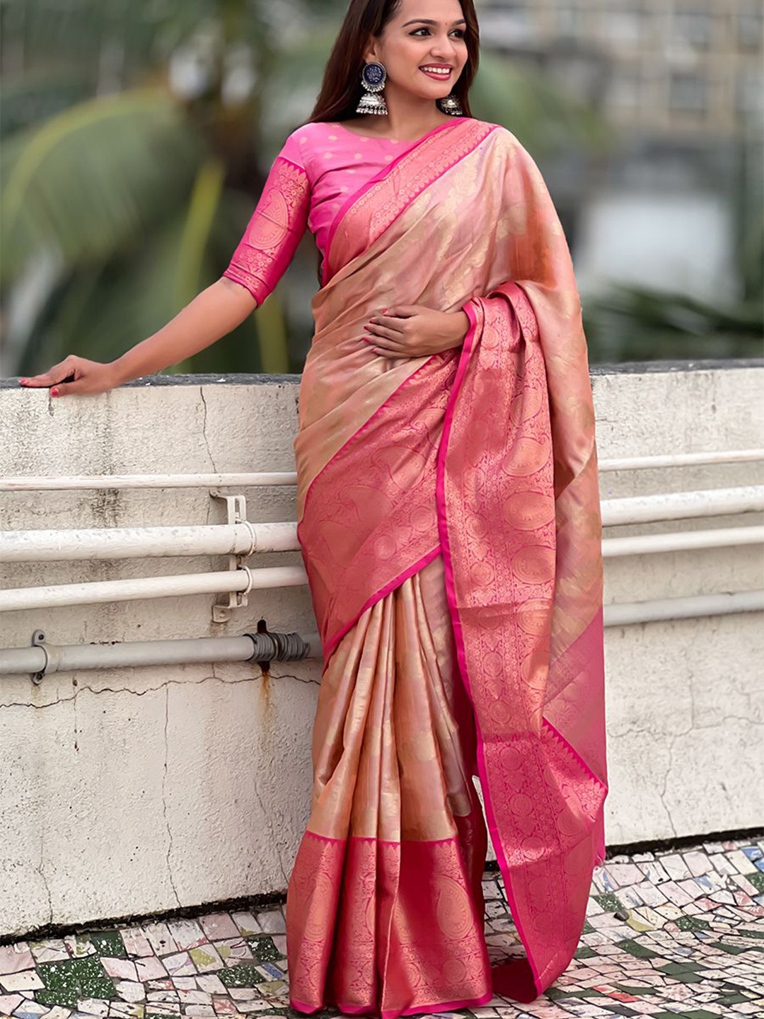 

all about you Woven Design Zari Silk Blend Kanjeevaram Saree, Peach