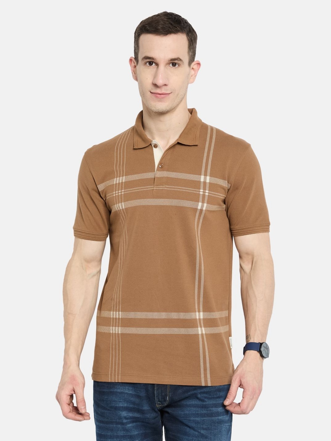 

Octave Men Striped Polo Collar T-shirt, Brown