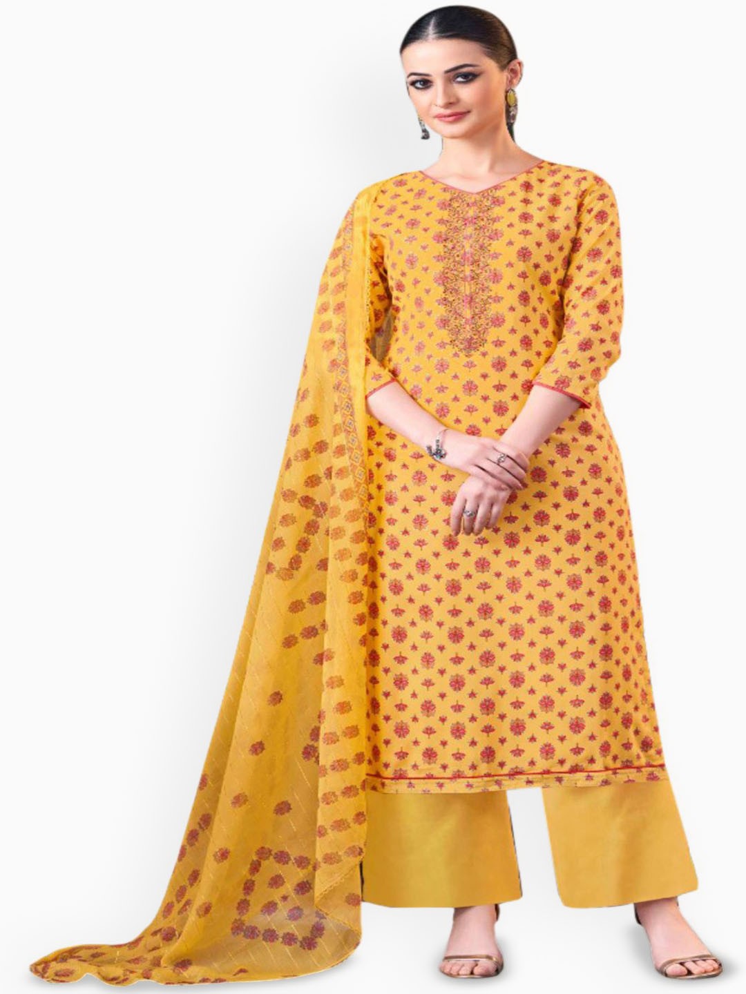 

DRAVINAM Trends Embroidered Viscose Rayon Unstitched Dress Material, Yellow