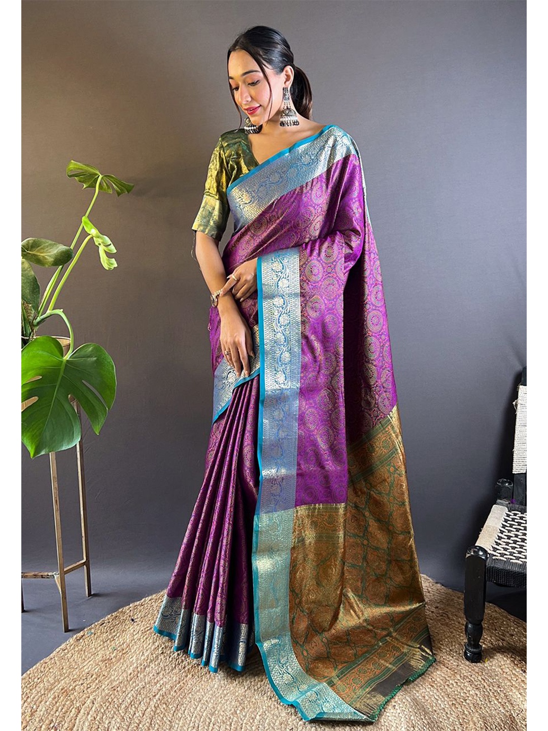 

all about you Woven Design Zari Silk Blend Kanjeevaram Saree, Purple