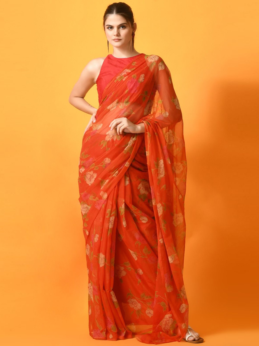 

House of Chiffon Floral Poly Chiffon Saree, Orange