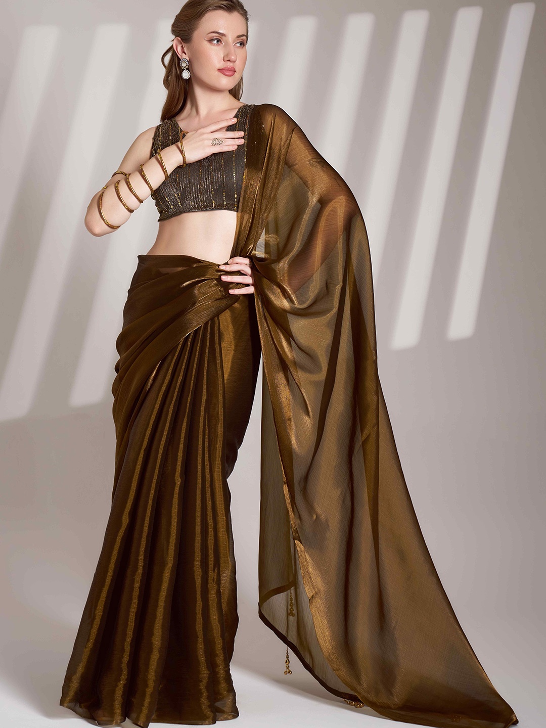 

HERE&NOW Embroidered Organza Tussar Saree, Brown