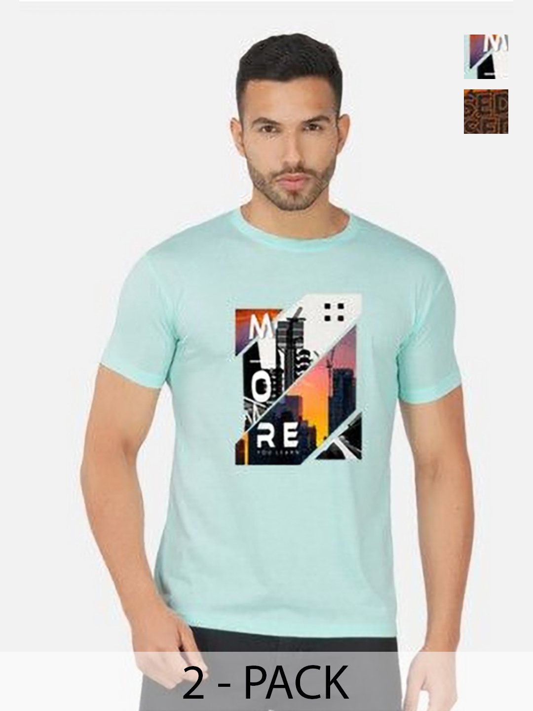 

GLOBAL NOMAD Men 2 Printed Bio Finish Applique T-shirt, Turquoise blue