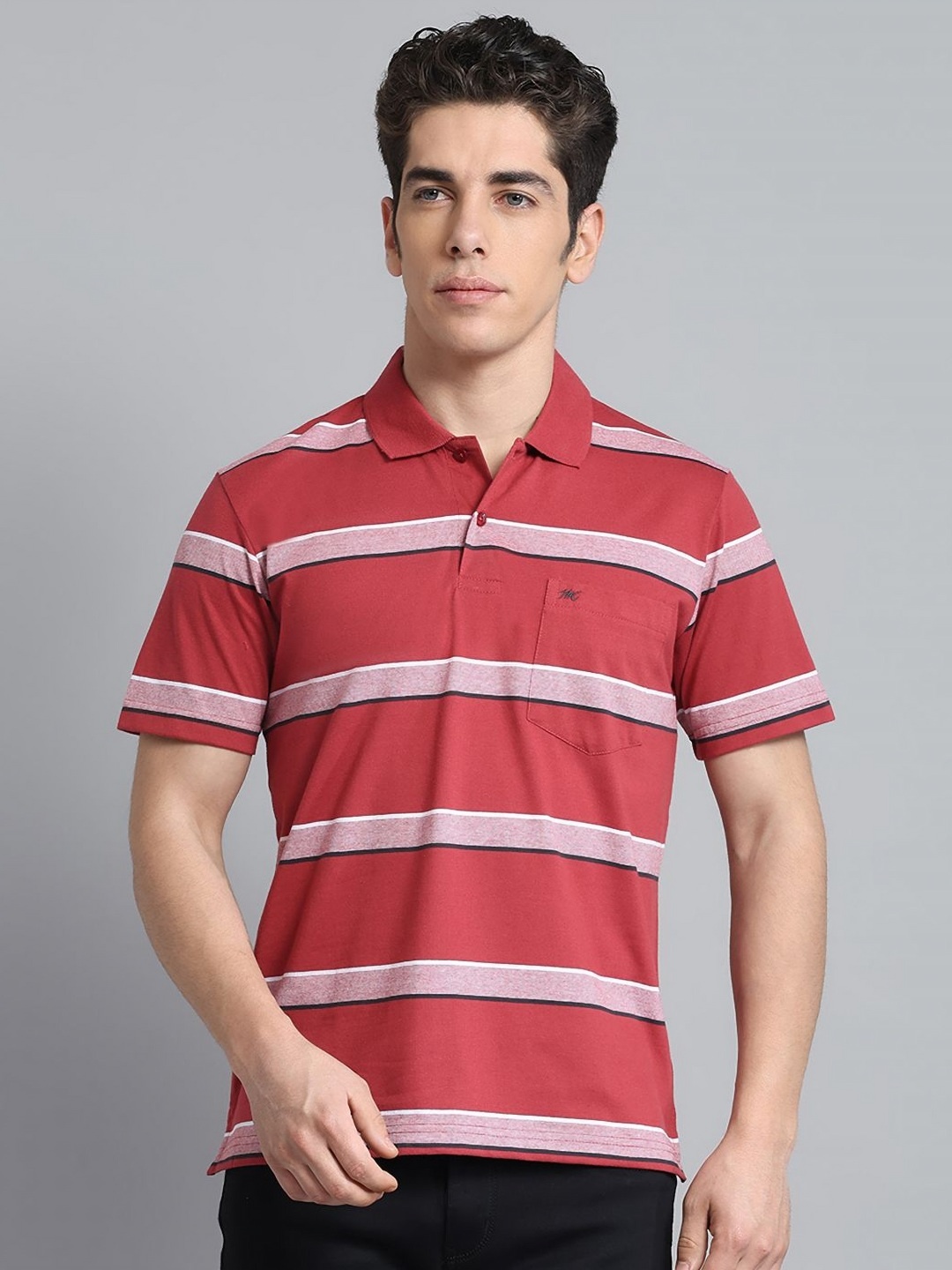 

Monte Carlo Men Striped Polo Collar Pockets T-shirt, Rust