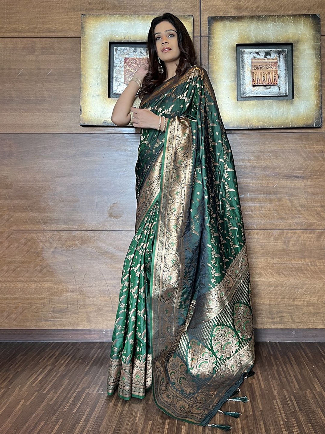 

all about you Woven Design Zari Satin Banarasi Saree, Green