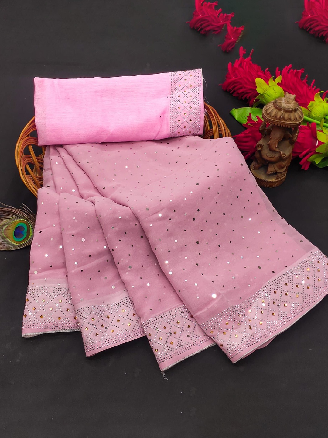 

PAYAL CREATION Embellished Beads and Stones Pure Georgette Saree, Pink