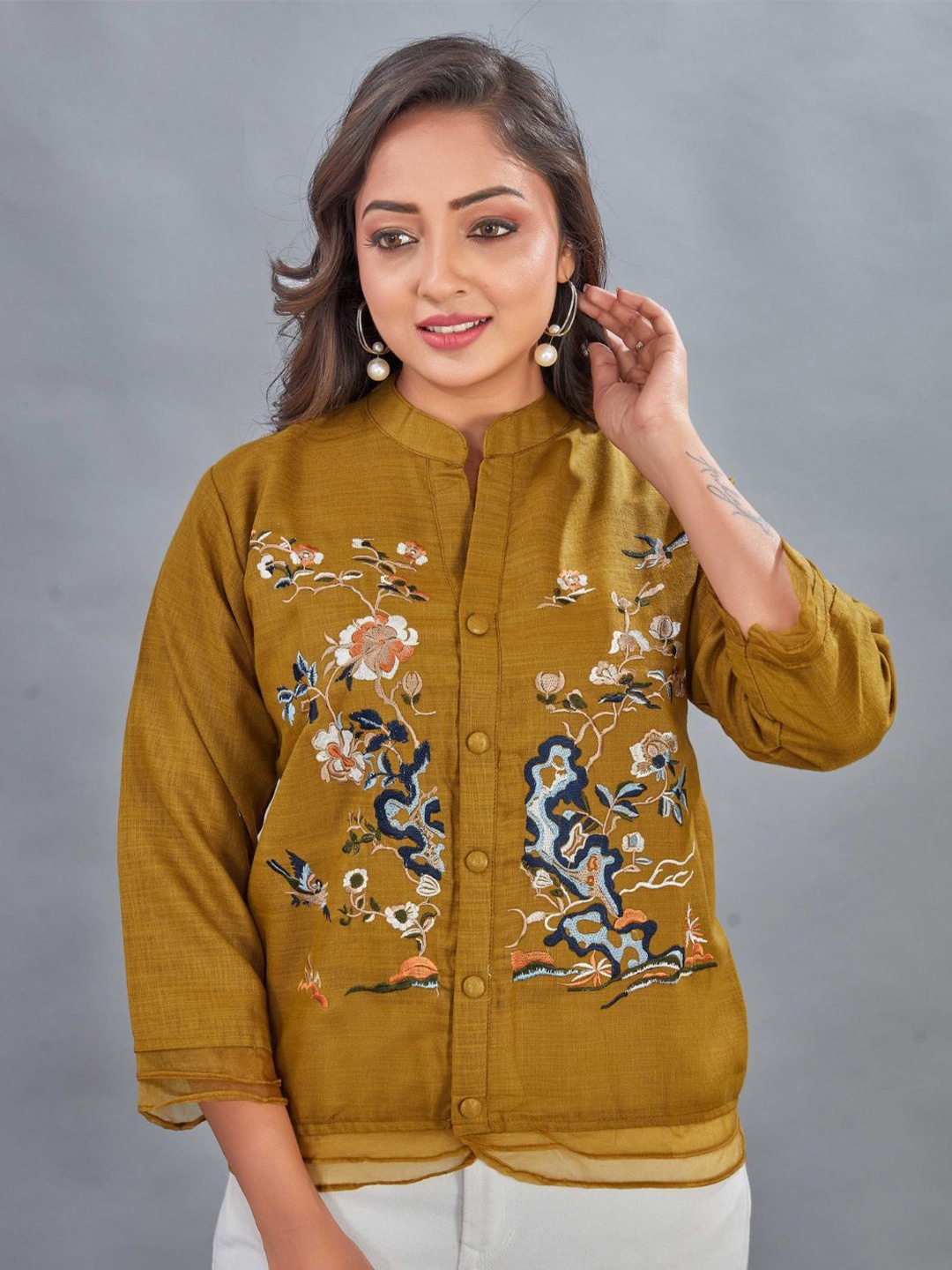 

Puretouch Mandarin Collar Embroidered Tunic, Mustard