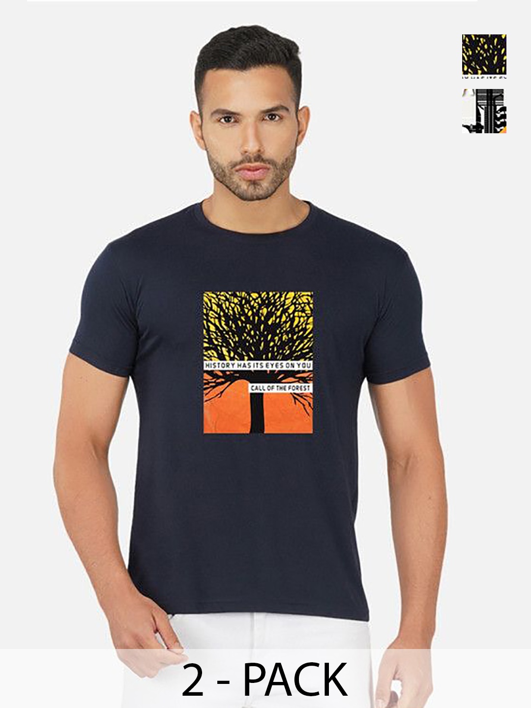 

GLOBAL NOMAD Men 2 Printed Bio Finish Applique T-shirt, Navy blue