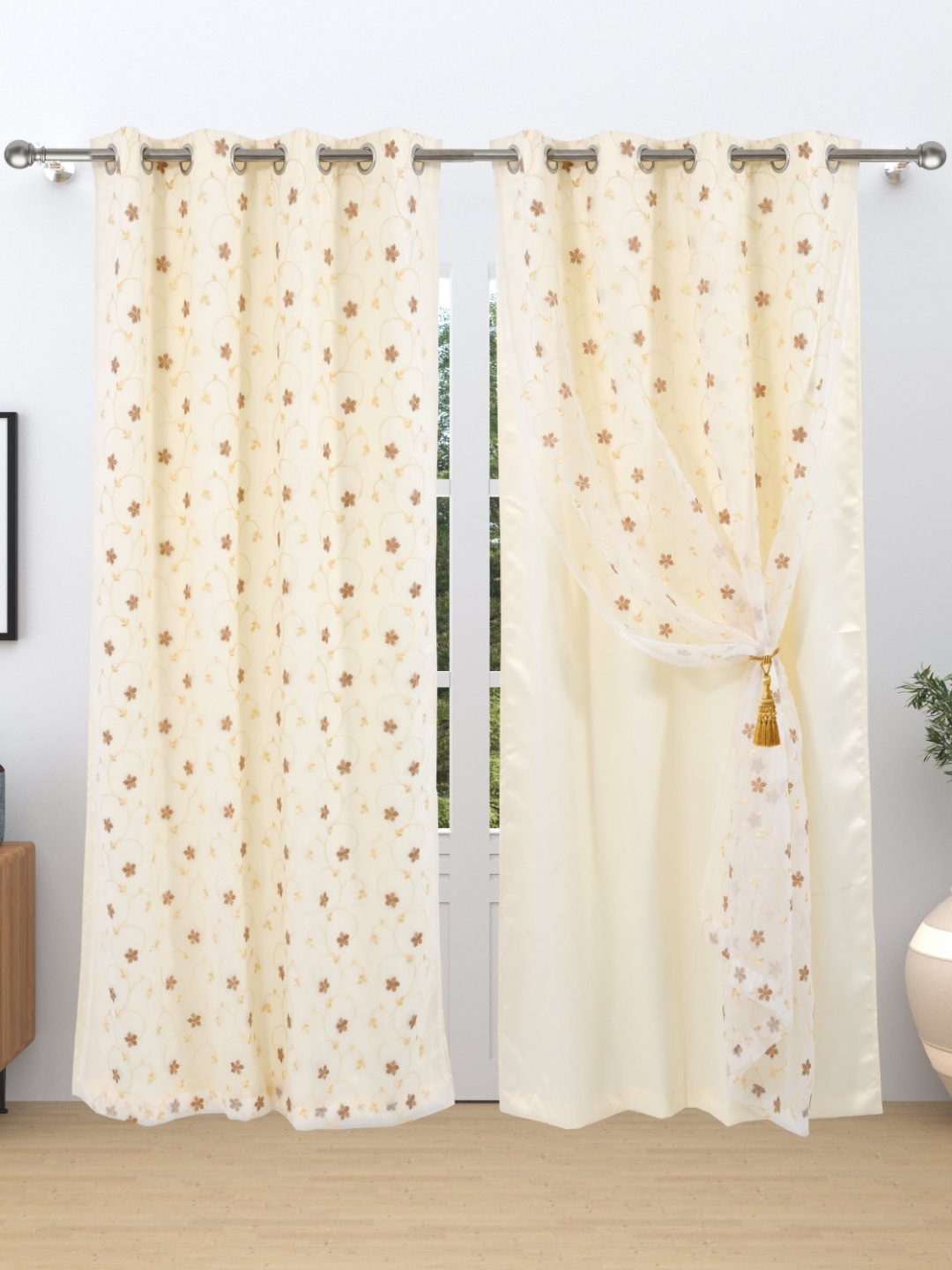 

Aura Beige & Brown Embroidered Black Out Window Curtain