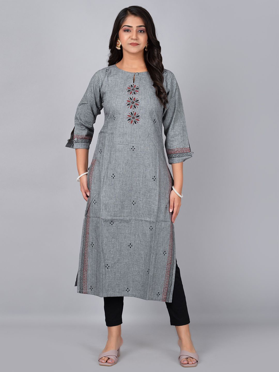 

TRIVEDI Ethnic Motifs Embroidered Pure Cotton Straight Kurta, Grey