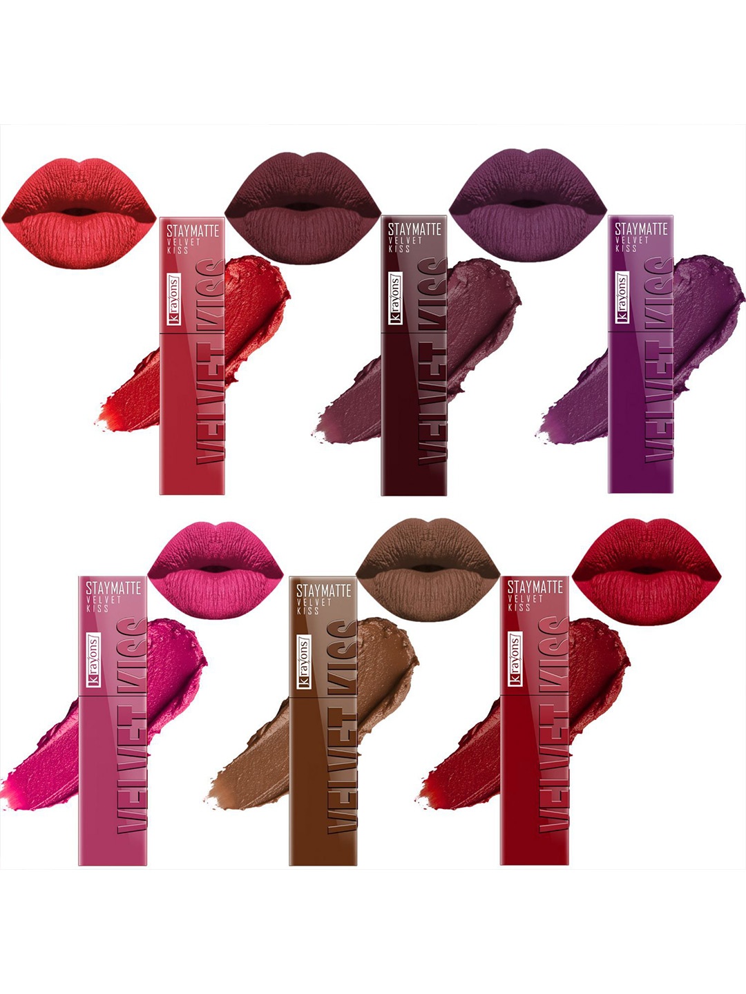 

krayons Velvet Kiss Set Of 6 Liquid Lipstick - 3.5 ml Each Shade 01-02-03-10-11-12, Red