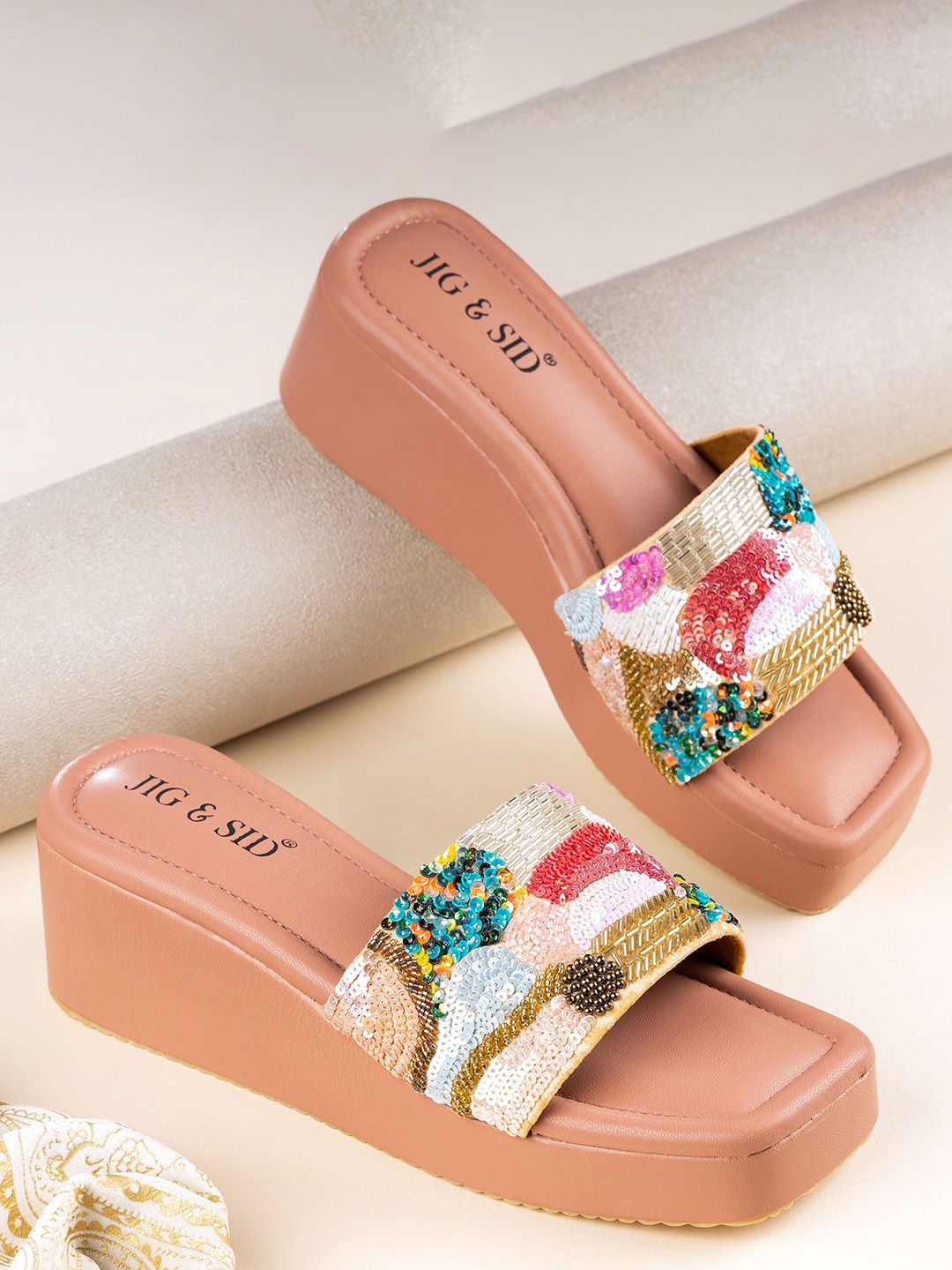 

JIG & SID Printed Wedge Sandals, Tan