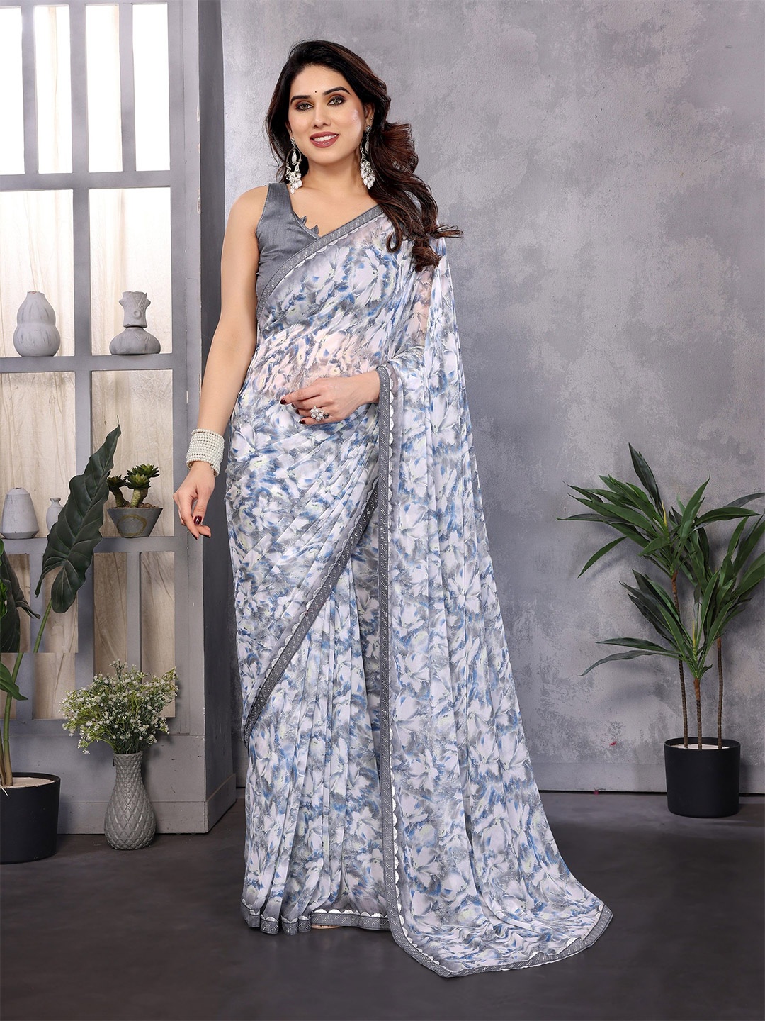 

Moda Rapido Floral Mukaish Pure Georgette Saree, Grey