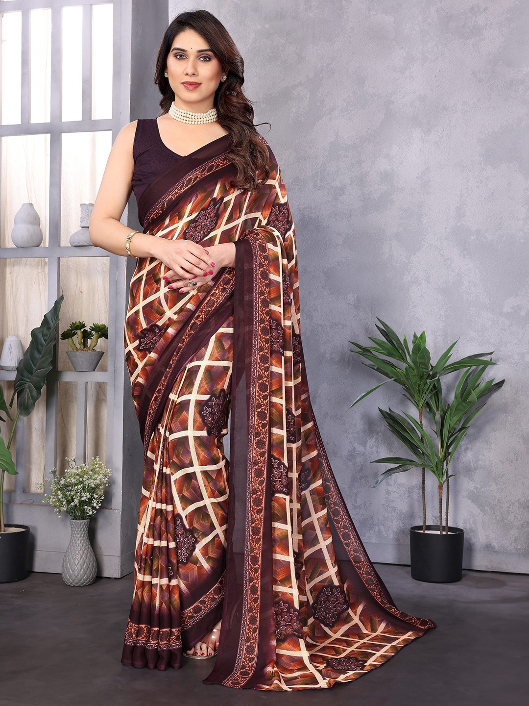 

Moda Rapido Floral Beads and Stones Poly Georgette Saree, Brown