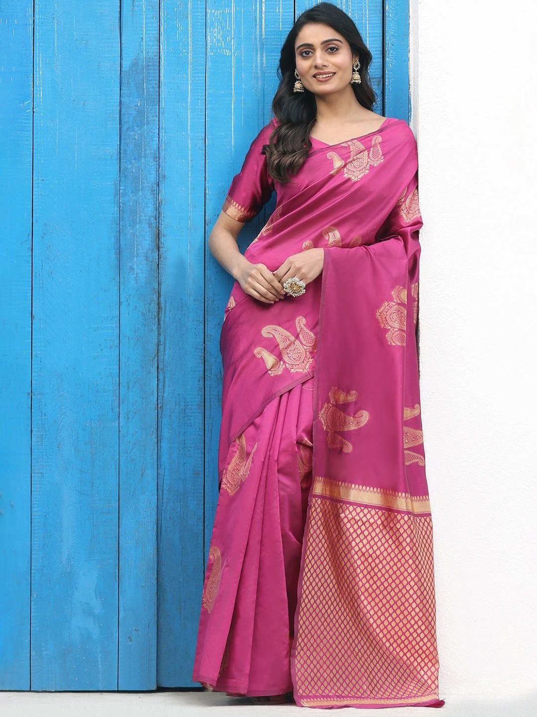 

ORUS Woven Design Zari Silk Blend Kanjeevaram Saree, Pink