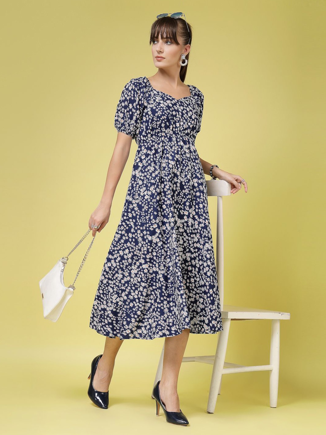 

DressBerry Floral Print Puff Sleeve Crepe Fit & Flare Maxi Dress, White