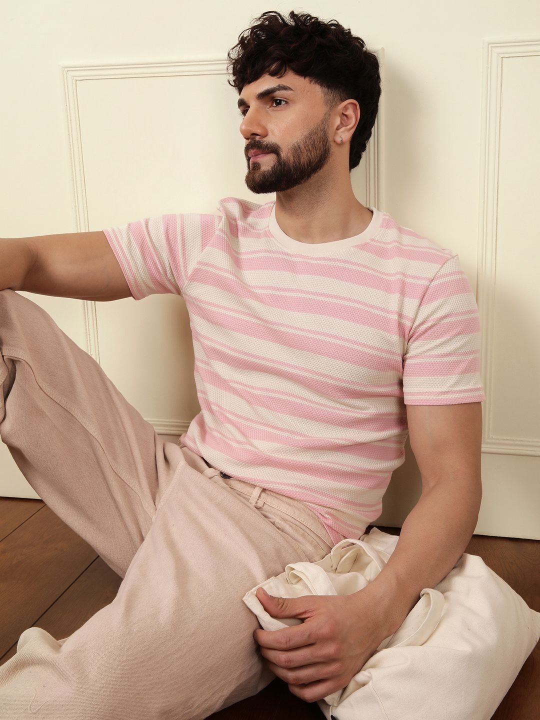 

WROGN Men Striped Pockets Slim Fit T-shirt, Pink