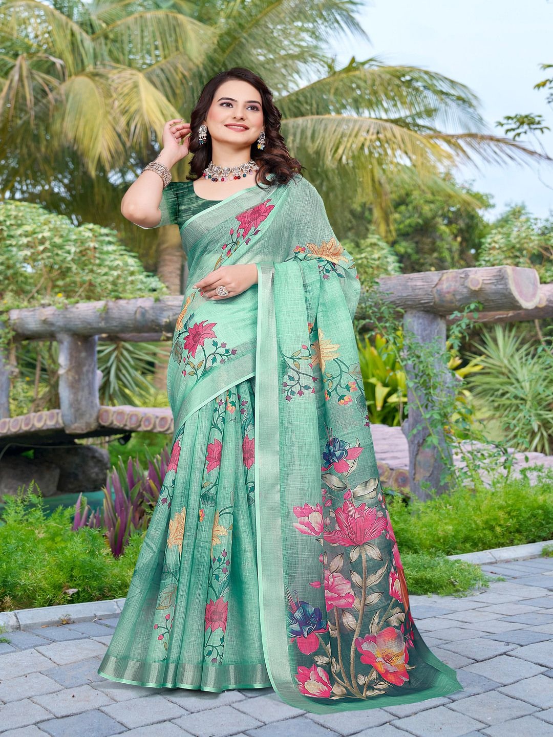 

TRENDING KART Floral Zari Linen Blend Chanderi Saree, Green