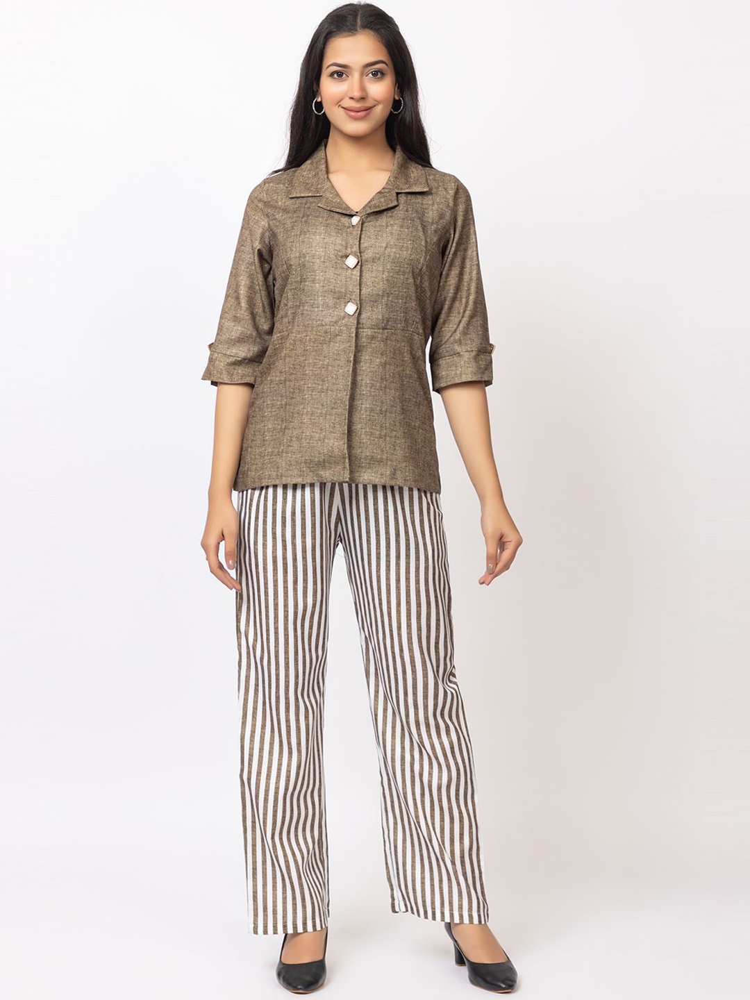 

GFO Striped Shirt Collar Neck Shirt With Trousers Co-Ords, Brown