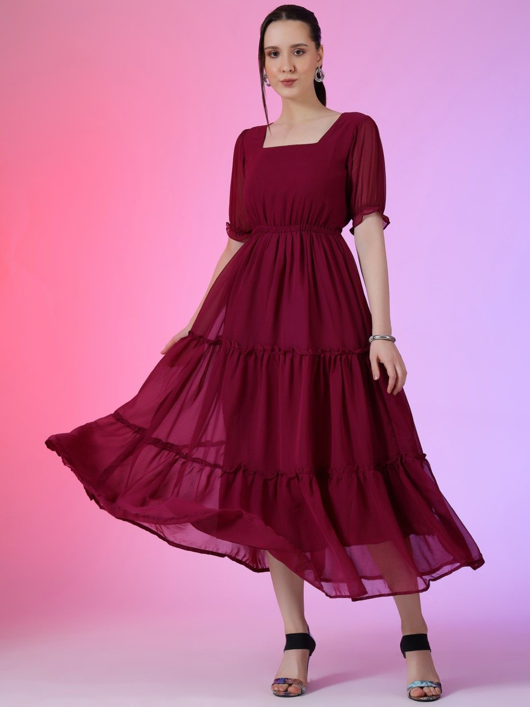 

Raiyani Fashion Bell Sleeve Applique Georgette Fit & Flare Maxi Dress, Magenta