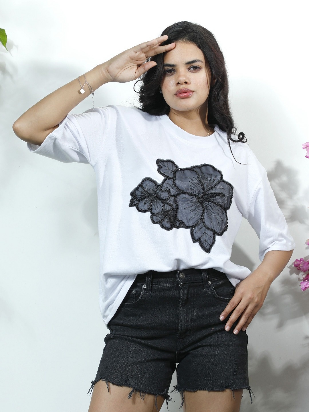 

Athena Unapologetic Women Floral Colourblocked Applique T-shirt, White