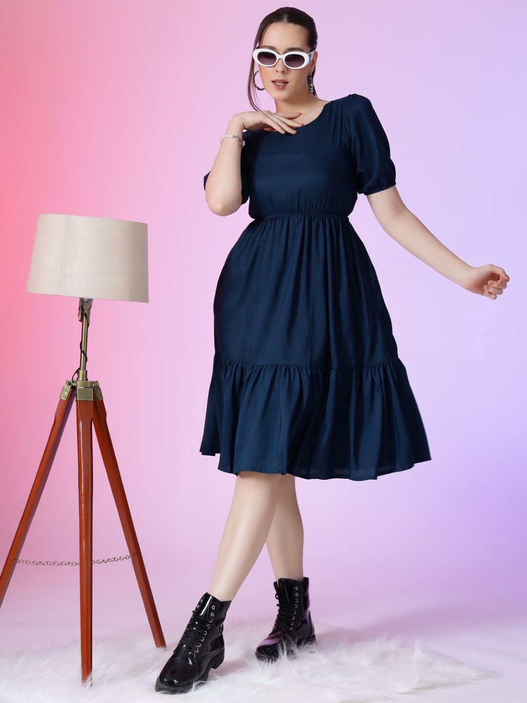

Raiyani Fashion Puff Sleeve Applique Fit & Flare Dress, Blue