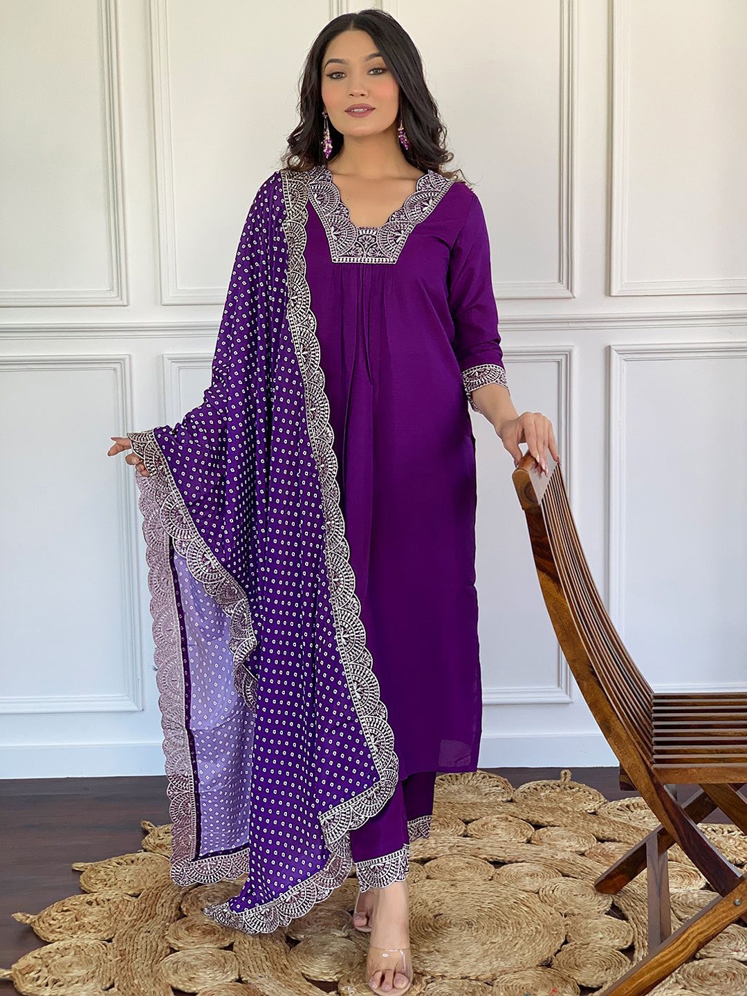 

Fashion Ritmo Women Ethnic Motifs Yoke Design Regular Thread Work Kurta with Trousers & With Dupatta, Purple