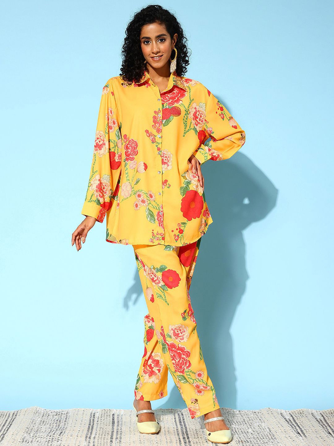 

ZUMMER Floral Printed Shirt Collar Shirt With Trousers Co-Ords, Yellow