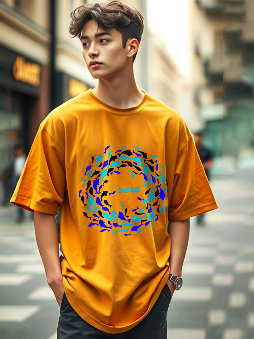 

AUSK Men Printed Applique T-shirt, Yellow