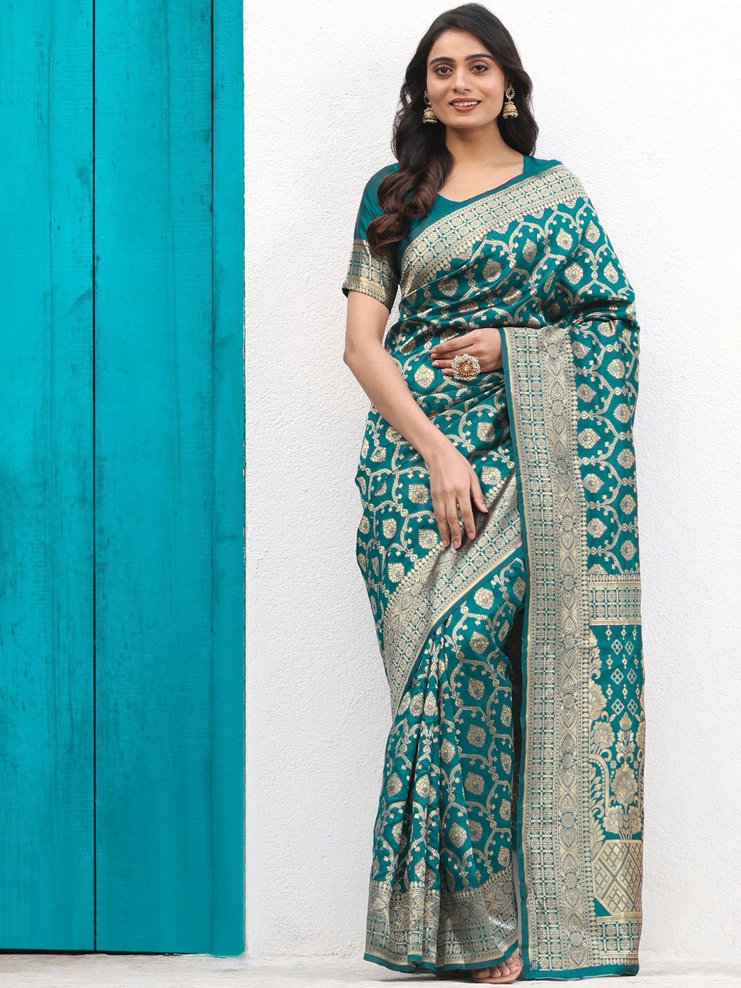 

ORUS Woven Design Zari Silk Blend Banarasi Saree, Teal