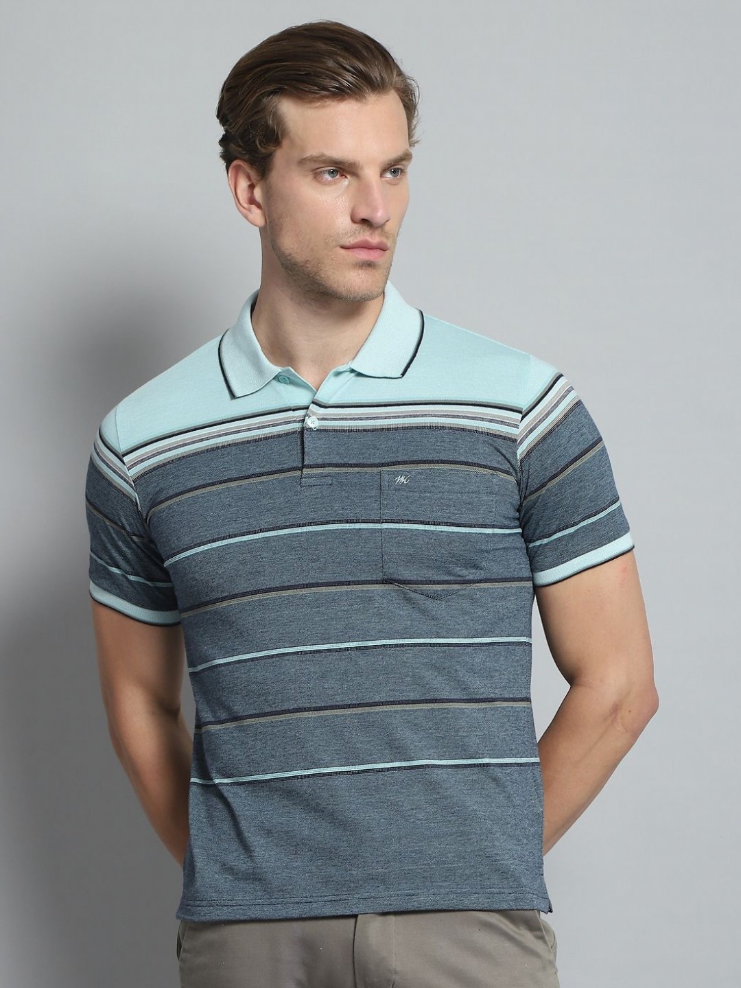 

Monte Carlo Men Striped Polo Collar Pockets T-shirt, Green