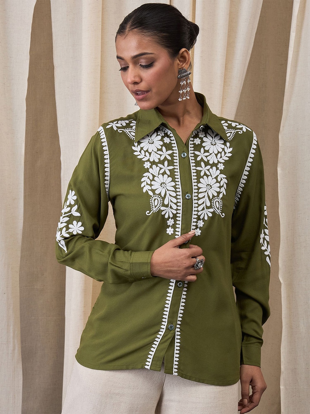 

Anouk Embroidered Shirt Collar Thread Work Thread Work Kurti, Olive