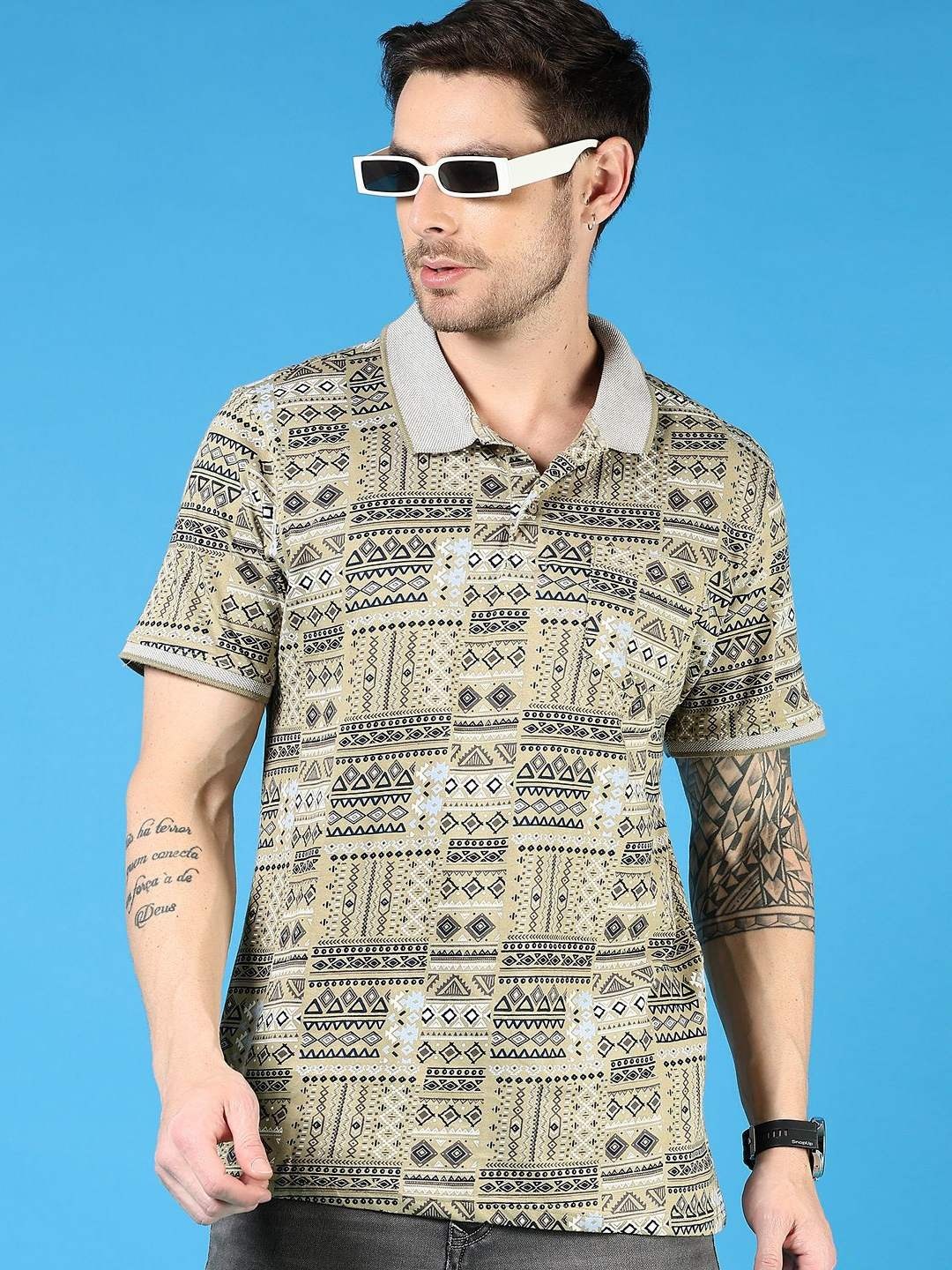 

V-Mart Men Printed Polo Collar Pockets T-shirt, Khaki