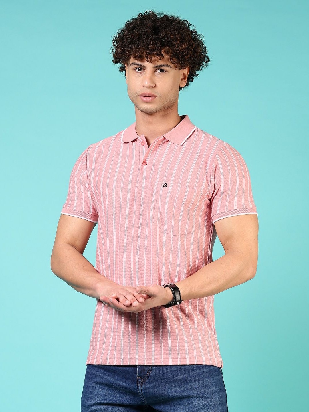 

V-Mart Men Striped Polo Collar Pockets T-shirt, Pink