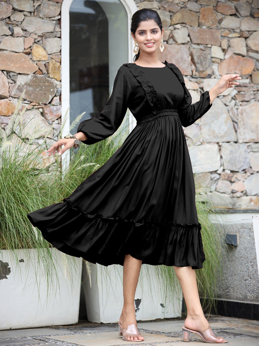 

Raiyani Fashion Applique Crepe Fit & Flare Midi Dress, Black
