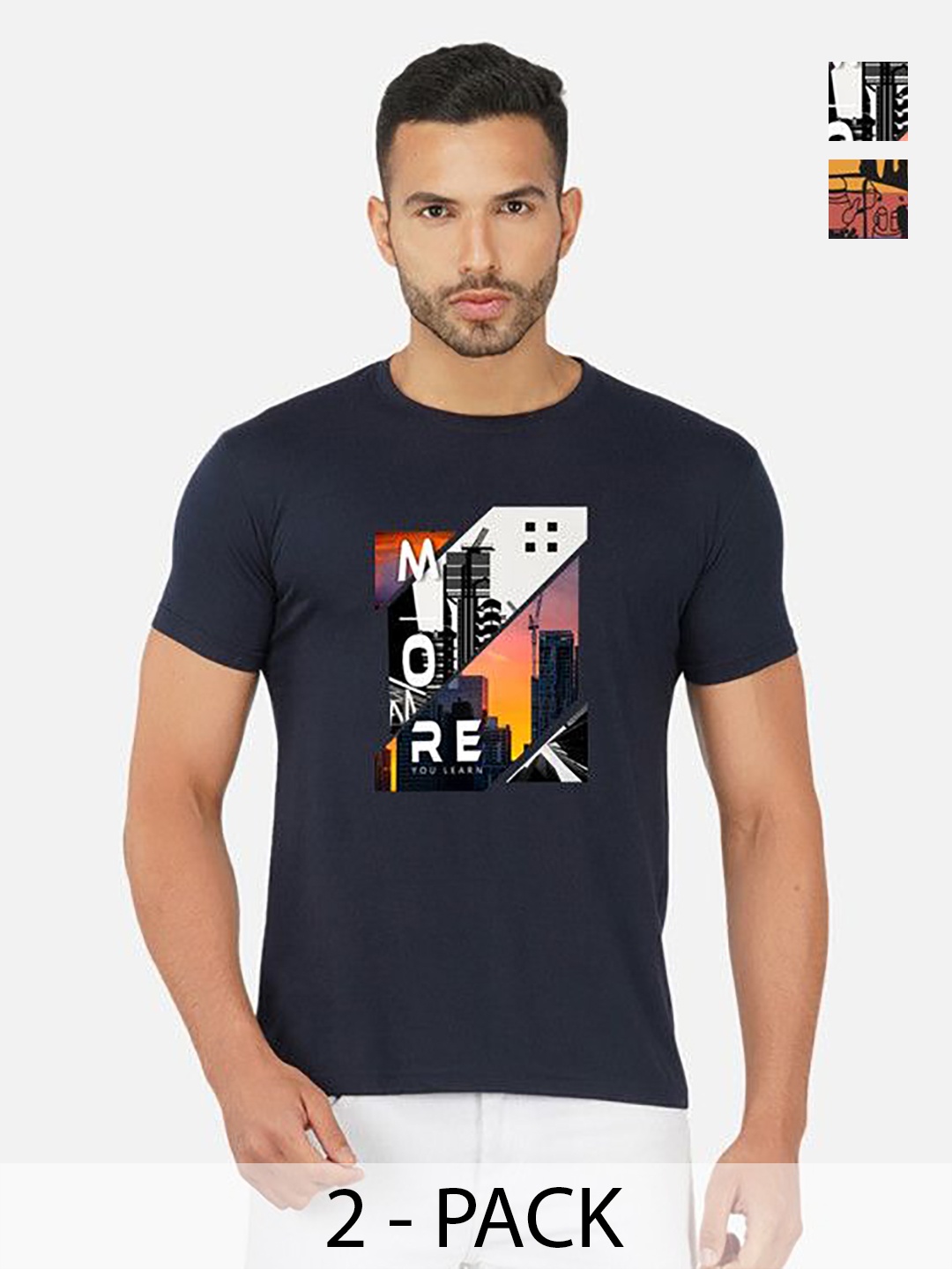 

GLOBAL NOMAD Men 2 Printed Bio Finish Applique T-shirt, Navy blue