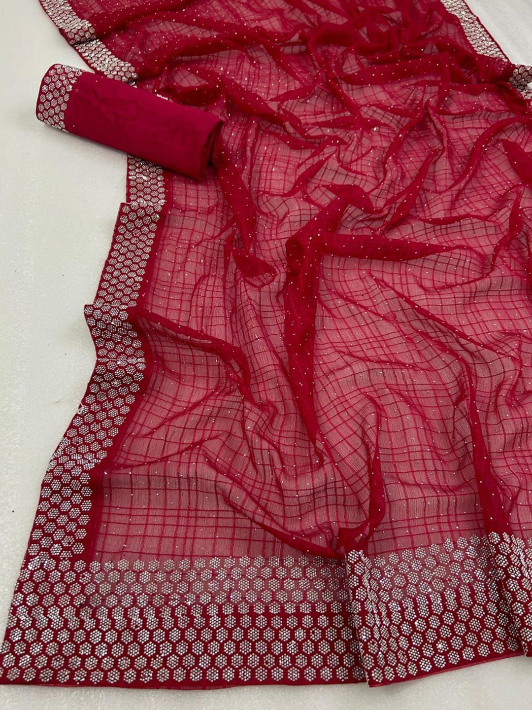 

PAYAL CREATION Embellished Beads and Stones Pure Georgette Saree, Red