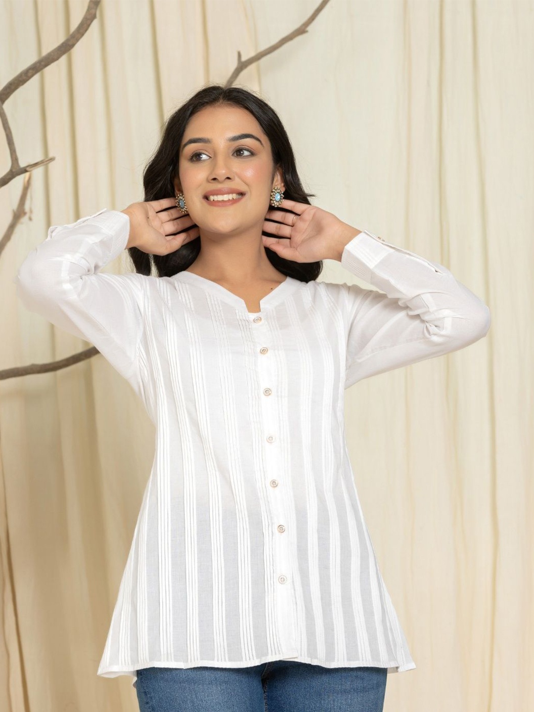

VEDANA Mandarin Collar Cotton Shirt Style Top, White