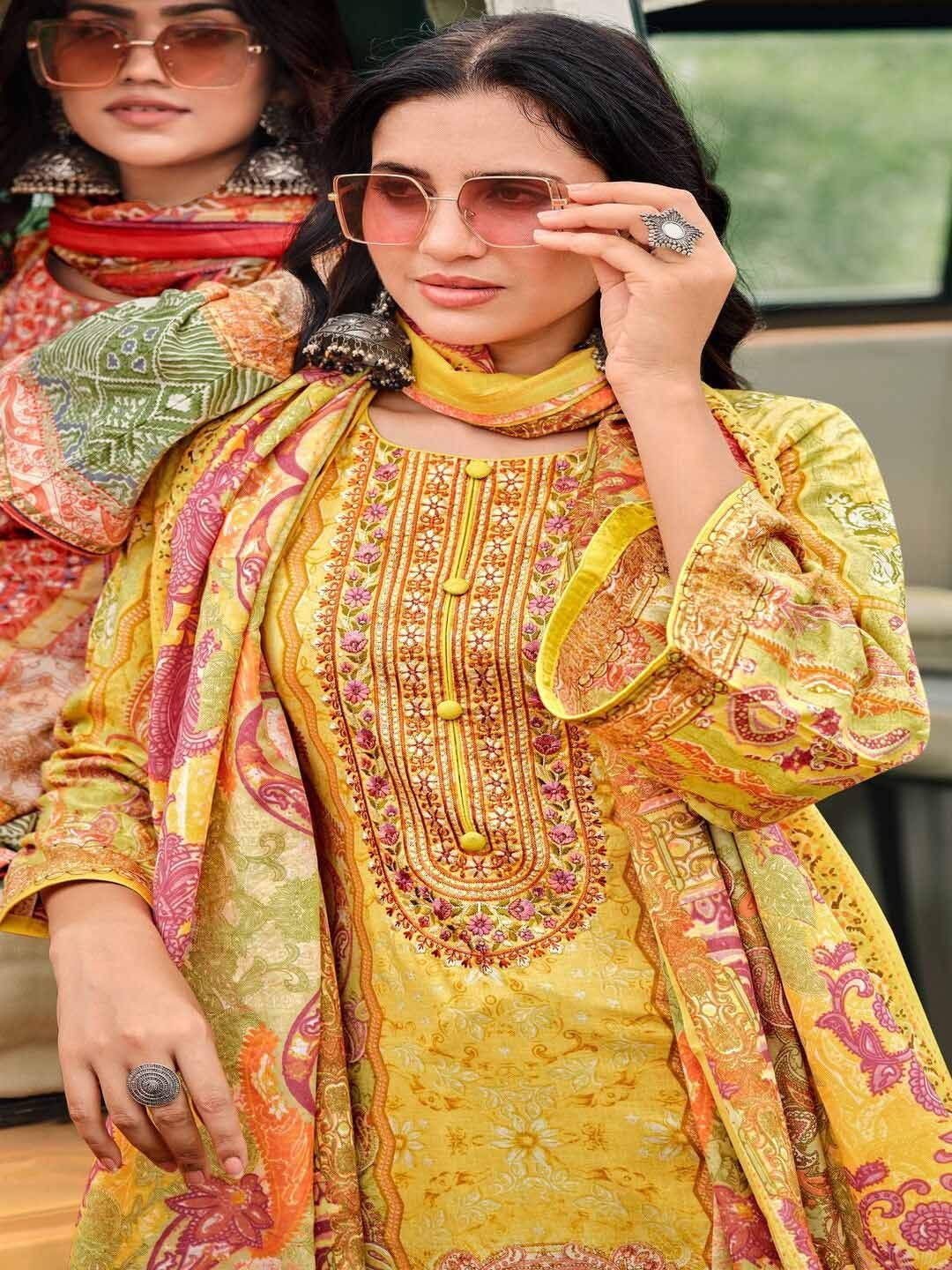 

DRAVINAM Trends Embroidered Pure Cotton Unstitched Dress Material, Yellow