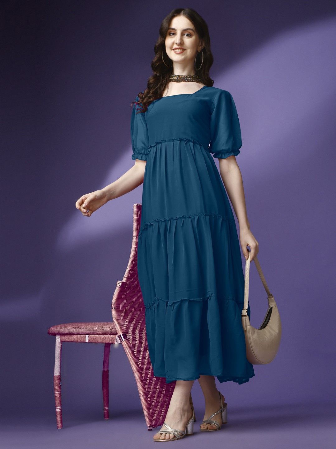 

Raiyani Fashion Bell Sleeve Applique Georgette Fit & Flare Maxi Dress, Blue