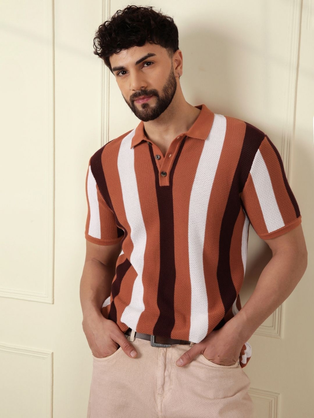 

WROGN Men Striped Polo Collar Extended Sleeves Pockets Slim Fit T-shirt, Rust