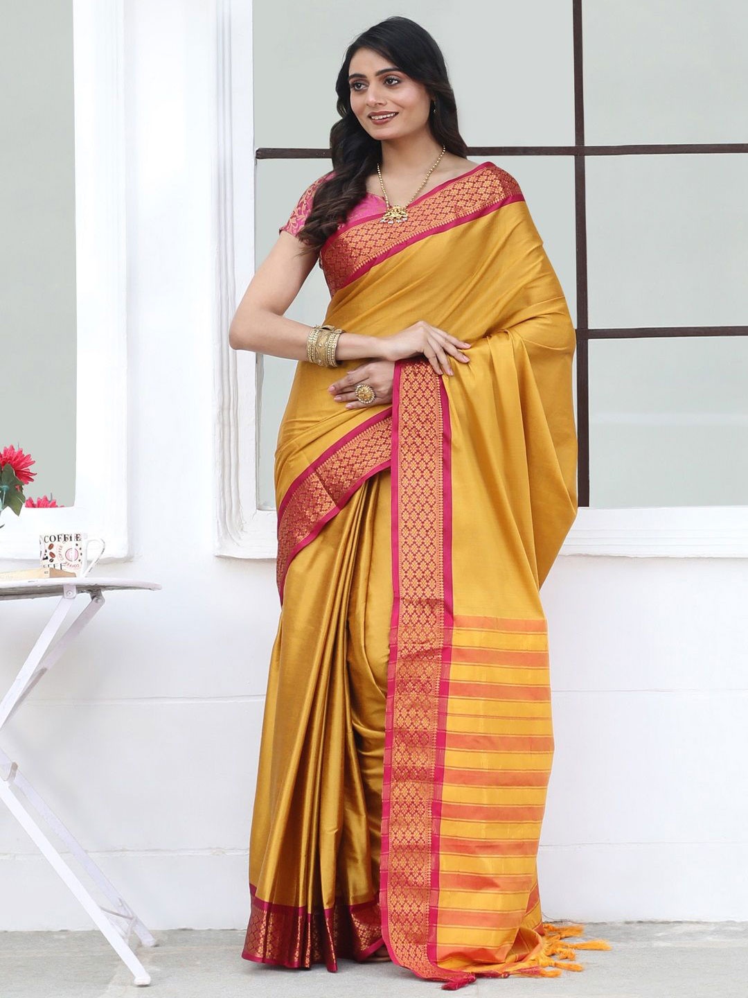 

Iris Zari Pure Silk Kanjeevaram Saree, Mustard
