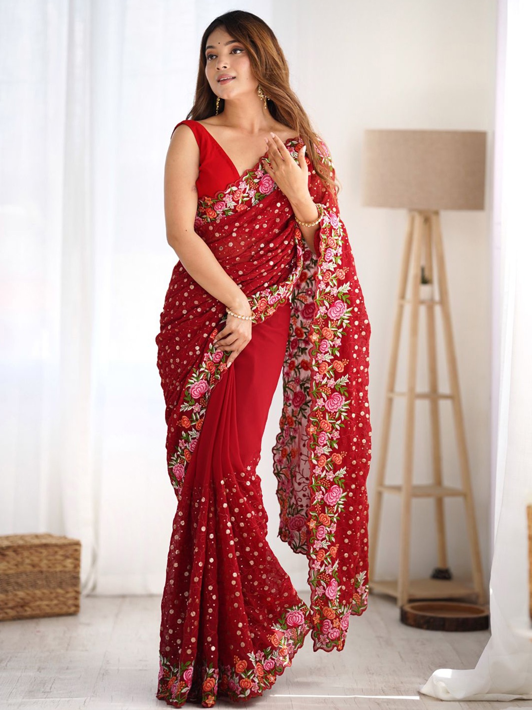 

LeeliPeeri Designer Embellished Sequinned Poly Georgette Saree, Red