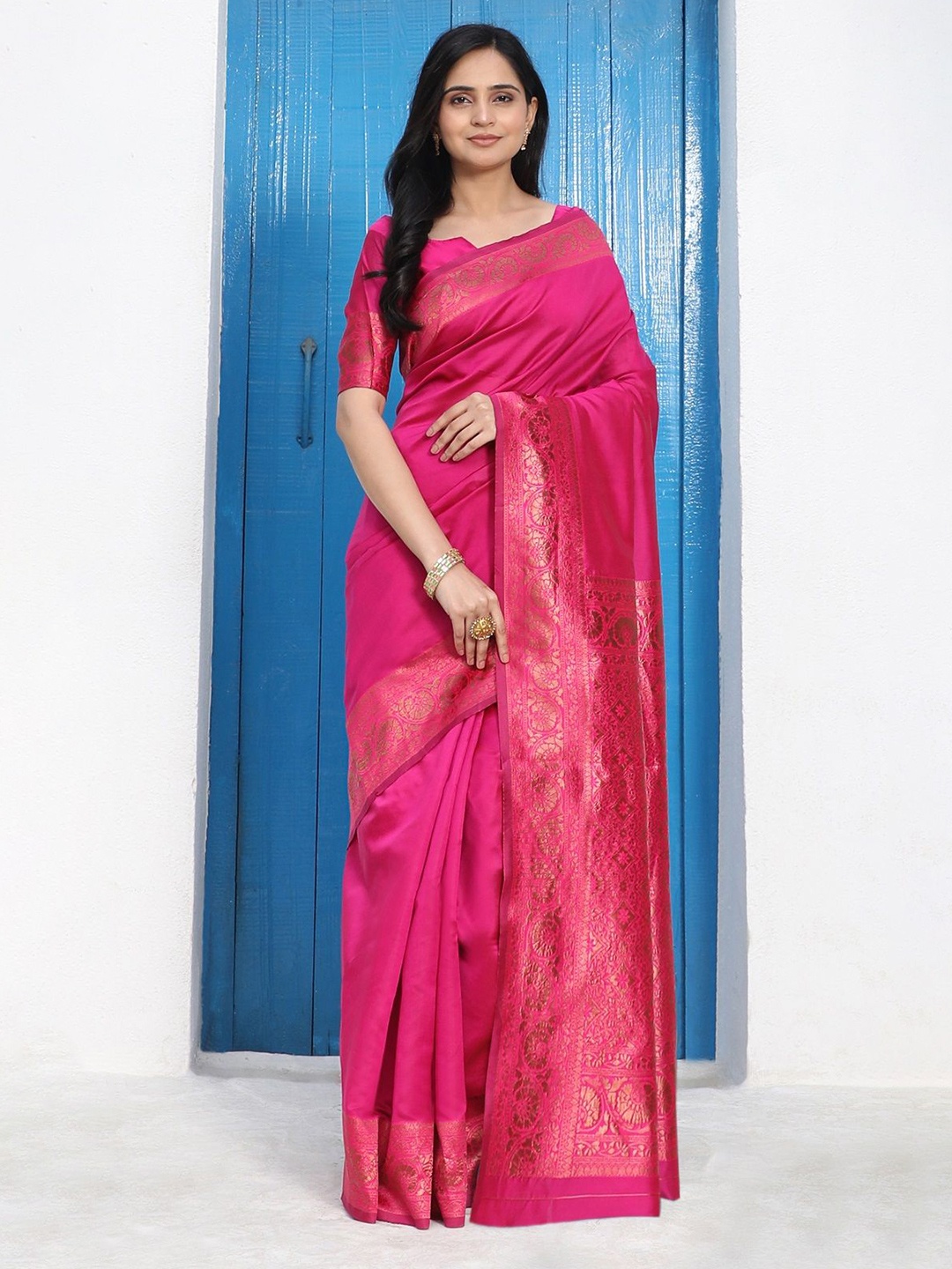 

Sarvada Zari Silk Blend Kanjeevaram Saree, Pink