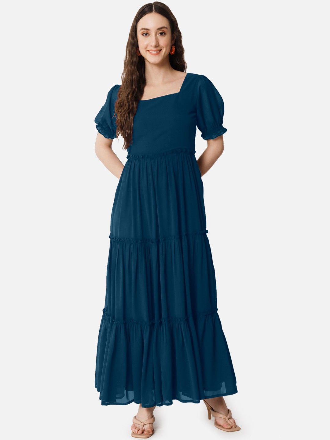 

Raiyani Fashion Bell Sleeve Applique Georgette Fit & Flare Maxi Dress, Blue