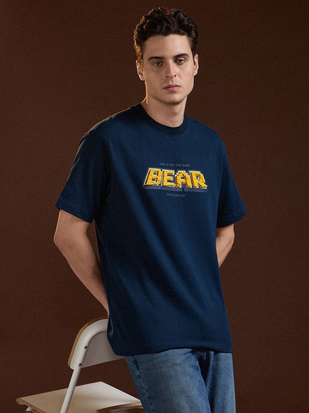 

THE BEAR HOUSE Men Drop-Shoulder Sleeves T-shirt, Blue