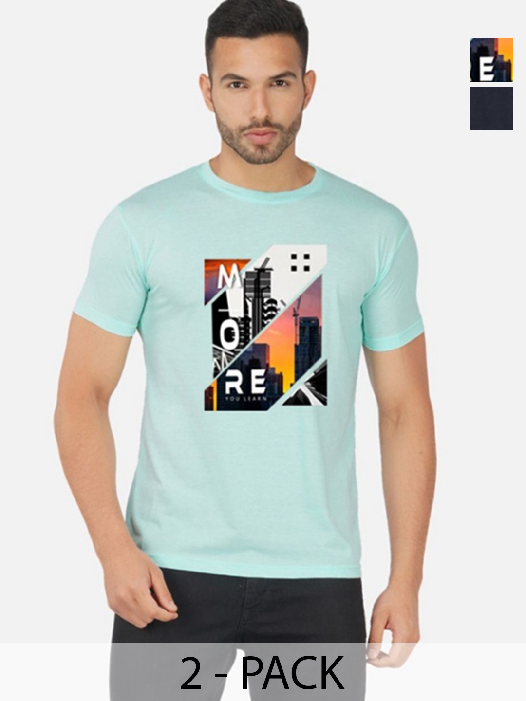

GLOBAL NOMAD Men 2 Printed Bio Finish Applique T-shirt, Turquoise blue
