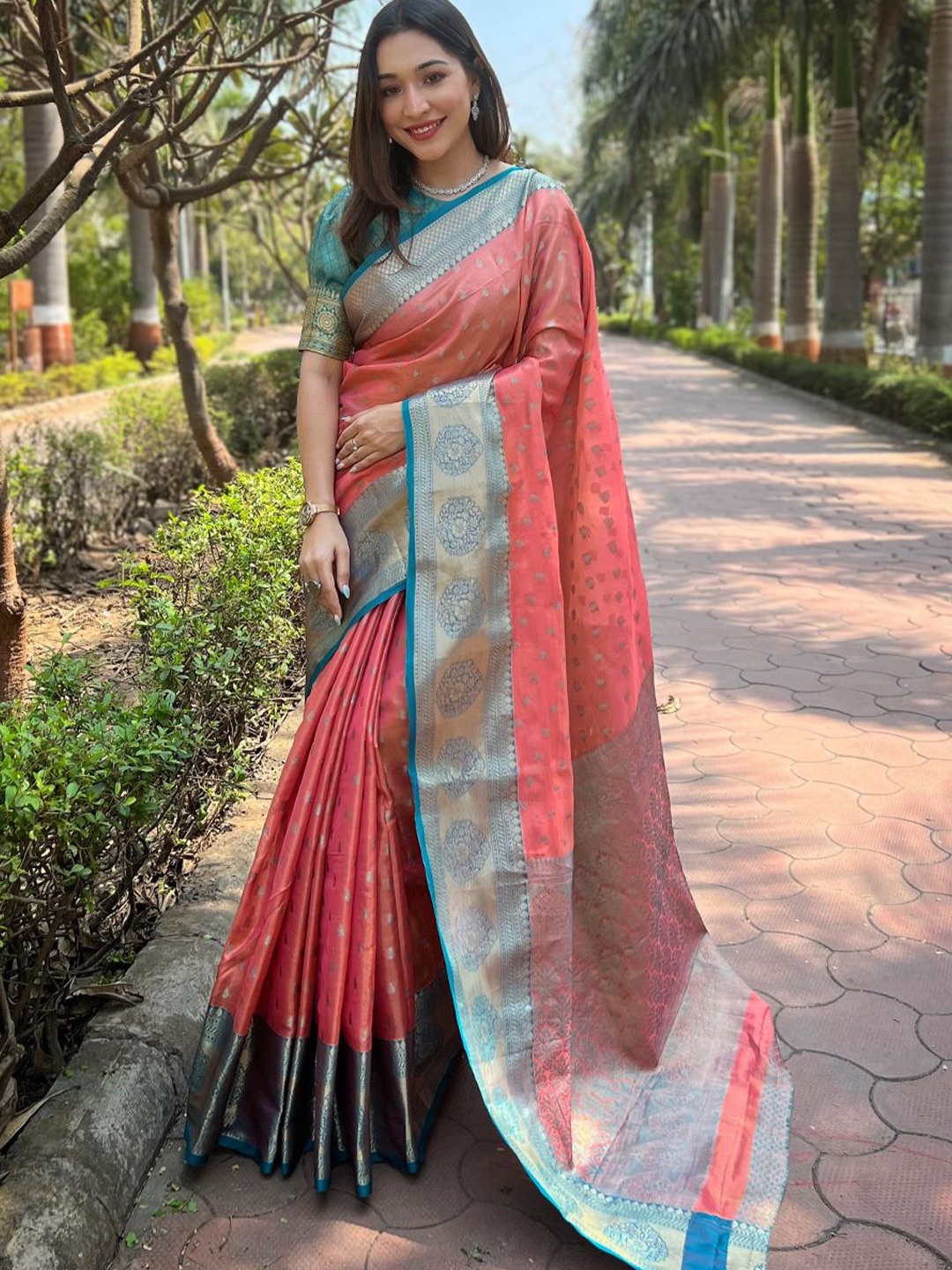 

all about you Ethnic Motifs Zari Tissue Kanjeevaram Saree, Peach